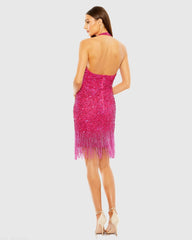 Pink Cross Front Keyhole Top Beaded Fringe Mini Dress - FINAL SALE
