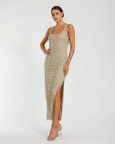 Beige Beaded Scoop Neck Midi Dress