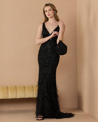 Black Embellished V-Neck Gown With Feather Hem