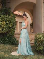 Green Embellished Bow One Shoulder A Line Gown
