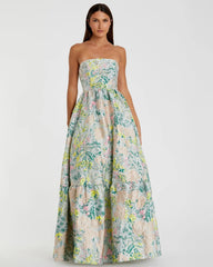 Strapless Floral Brocade A-Line Gown