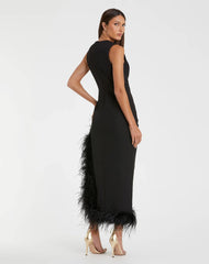 Black Ruched High-Low Sheath Dress with Feather Trim