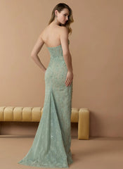 Green Embellished Strapless Bustier Gown With Sweeping Train