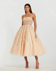 Beige Floral Embellished Strapless A-Line Midi Dress