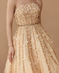 Beige Floral Embellished Strapless A-Line Midi Dress