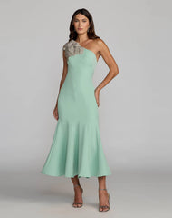 Crepe One Shoulder Midi Dress with Flower