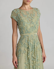 Green Floral Embellished Cap Sleeve Gown