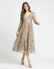 Embellished Plunge Neck Illusion Long Sleeve Midi
