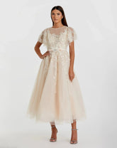 Beige Embellished Flutter Sleeve Bow Waist A Line Dress - FINAL SALE