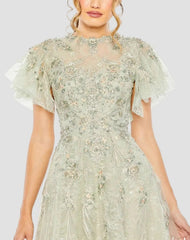 Green Embroidered Tulle Flutter Sleeve A-line Gown