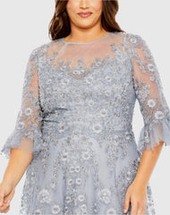 Blue High Neck Flutter Sleeve Embroidered A Line Gown (Plus)