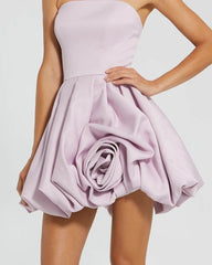 Purple Strapless Mini Dress With Rose Ruffle Detail