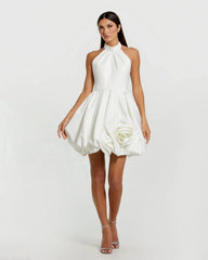 White Satin Bubble Hem Backless Mini Dress
