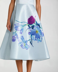 Blue Satin Cap Sleeve Midi Dress With Floral Print