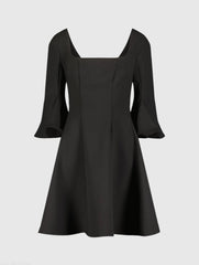 Black Crepe Square Neck 3/4 Sleeve Godet Mini Dress - FINAL SALE