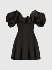 Black Crepe Godet Hem Mini Dress With Faille Ruffle - FINAL SALE