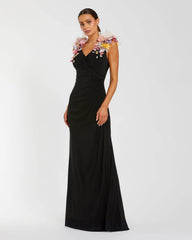 Black Jersey V Neck Gown With 3D Flowers