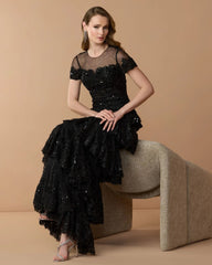 Black Embellished High Neck Gown With Tiered Ruffle Skirt