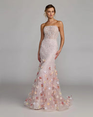Pink Strapless Embellished Mermaid Gown With 3D Floral Hem