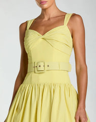 Yellow Sleeveless Faille A-Line Midi Dress With Belt