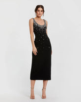 Black Beaded Crepe Scoop Neck Sleeveless Midi Dress