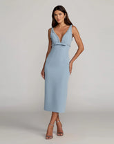 Blue Crepe Fitted Midi Dress With Bow And Beaded Trim