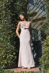 Pink Sleeveless Embellished Crepe Gown With Bow