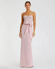 Pink Strapless Embellished Crepe Gown With Bow