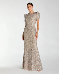 Beige Gathered Short Sleeve Embellished Gown