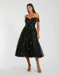 Tulle Off The Shoulder Pearl Embellished Cocktail Dress