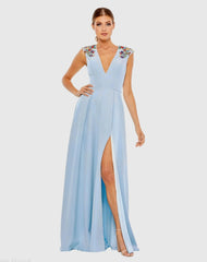 Dark Blue Beaded Cap Sleeve V Neck A Line Gown - FINAL SALE