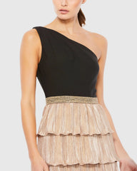 Black and Gold One Shoulder Tiered Ruffle A-Line Gown