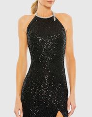 Black Sequined High Neck Rhinestone Trim Column Gown