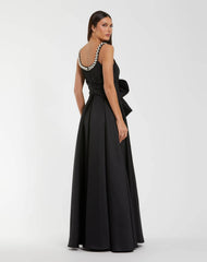 Satin Gown With Pearl Neckline and Bow Detail