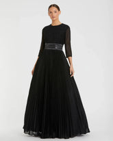Black Shimmering Pleated 3/4 Sleeve Ball Gown