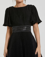 Black Pleated Shimmering Flutter Sleeve Ball Gown