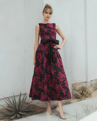 Black Brocade Drop Waist Midi Dress With Satin Bow