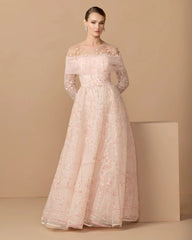 Pink Off The Shoulder Embellished Long Sleeve Ball Gown
