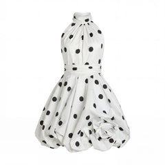 White Polka Dot Halter Mini Dress With 3D Rose