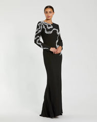 Black Jersey Evening Gown With Beaded Swirl Detail