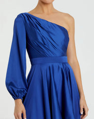 Dark Blue Long Sleeve One Shoulder Satin High Low A-line Gown - FINAL SALE