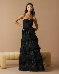 Black Strapless Sweetheart Lace Tiered Feather Ball Gown