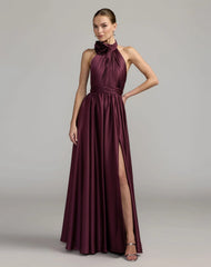 Soft Tie Halter Neck High Slit Gown