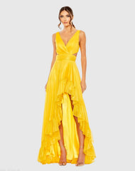 Yellow Cut Out High Low Ruffle Gown