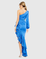 Blue One Sleeve Cut Out Asymmetrical Ruffled Gown - FINAL SALE