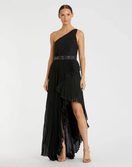 Black Pleated One Shoulder Asymmetrical Ruffle Hem Gown - FINAL SALE