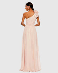Pink One Shoulder Polka Dot Chiffon Gown With Ruffle Detail