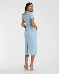 Blue Short Sleeve Rhinestone Neckline Midi Dress