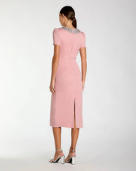 Pink Short Sleeve Rhinestone Neckline Sheath Dress