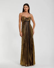 Metallic Pleated Gown with 3D Flower